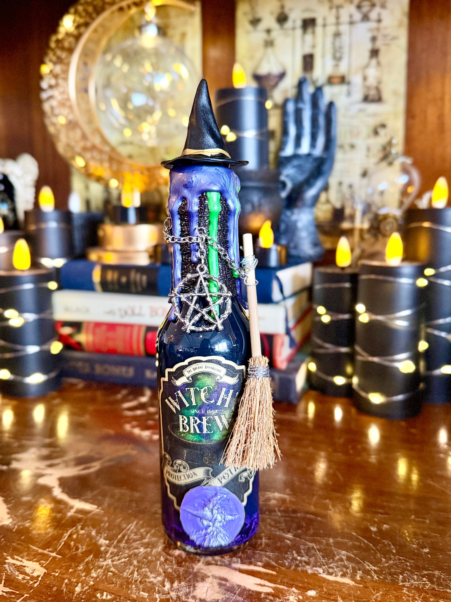 Witch's Brew Protection Potion | Black Tourmaline & Obsidian | Witchcraft Altar Decor | Gothic Apothecary Bottle | Witchy Gift