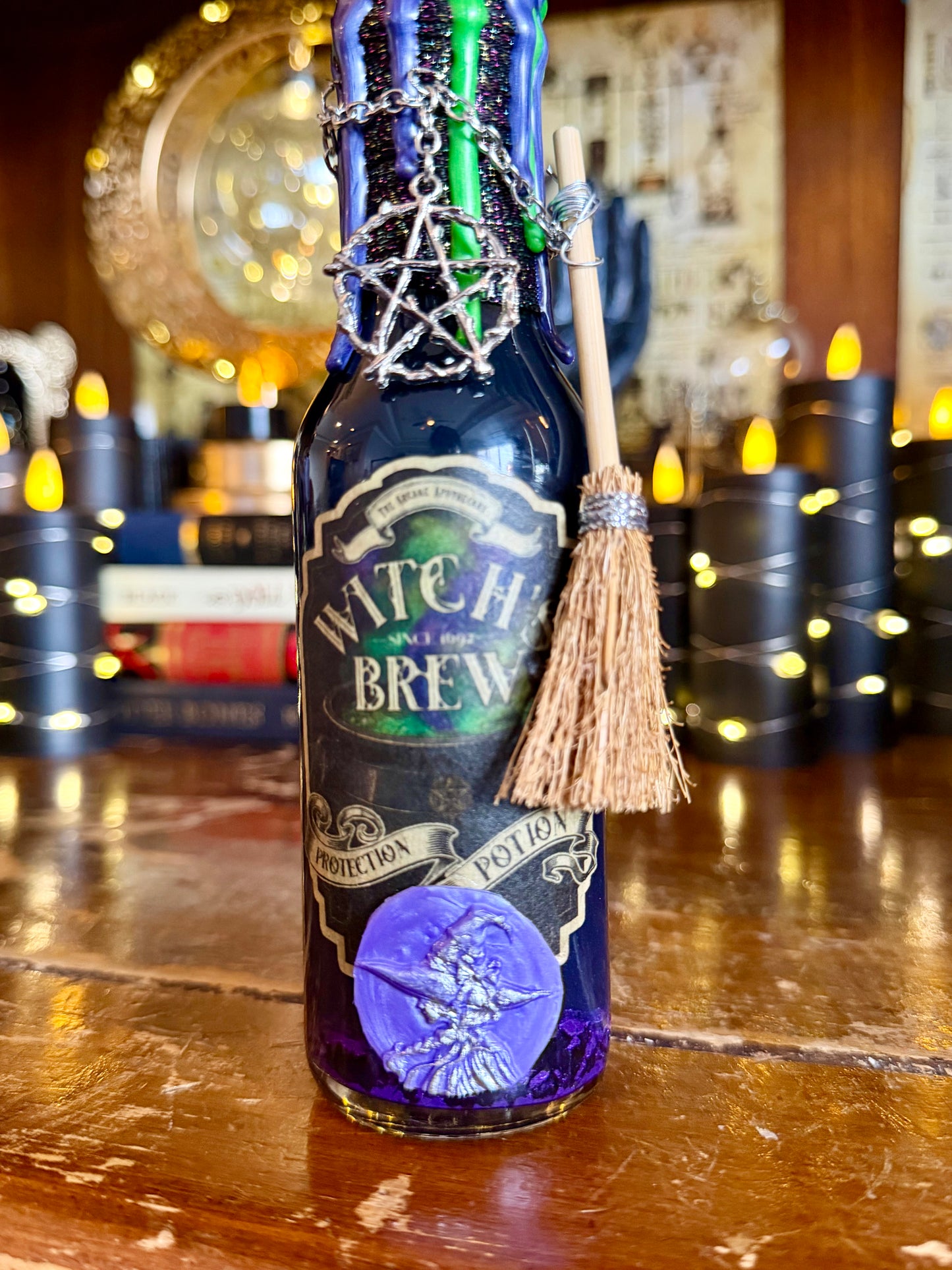 Witch's Brew Protection Potion | Black Tourmaline & Obsidian | Witchcraft Altar Decor | Gothic Apothecary Bottle | Witchy Gift