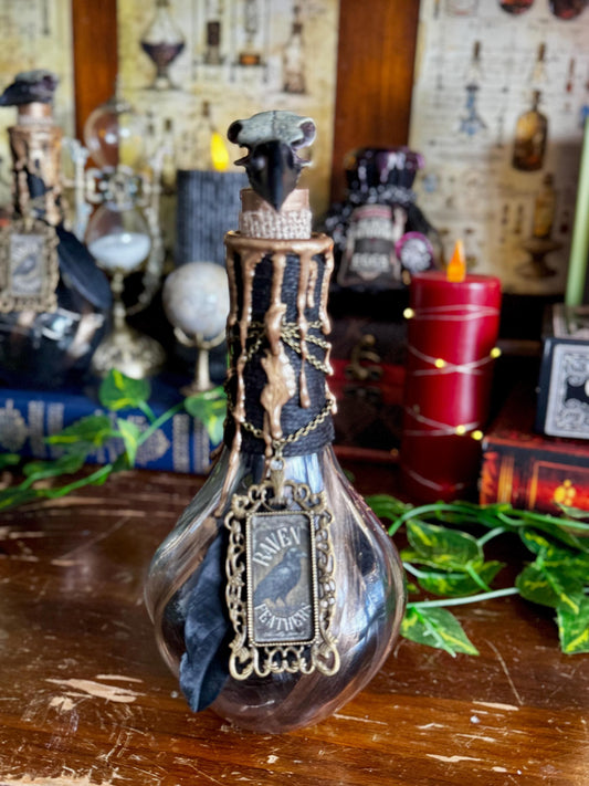Raven Feathers Potion | Lighted Gothic Decor | Witchy Bottle with Fairy Lights | Dark Academia Display