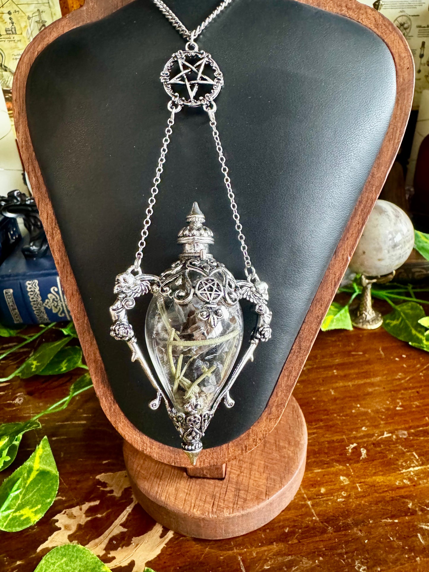 Witch's Protection Spell Jar Vial Necklace | Gothic Silver Filigree Vial Pendant