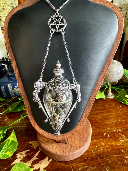 Witch's Protection Spell Jar Vial Necklace | Gothic Silver Filigree Vial Pendant