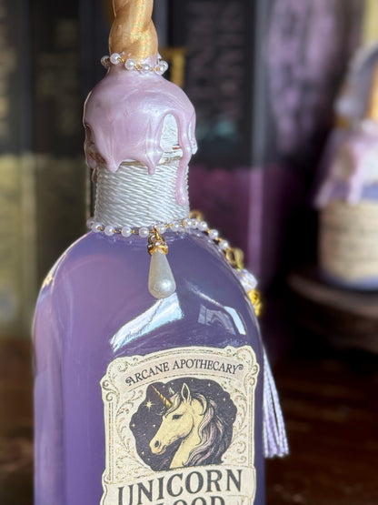 Unicorn Blood Potion Bottle with Horn | Collector Apothecary Display & Fantasy Bookshelf Decor