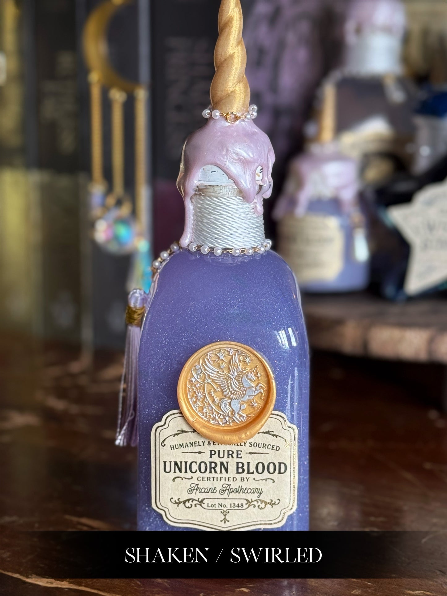 Unicorn Blood Potion Bottle with Horn | Collector Apothecary Display & Fantasy Bookshelf Decor