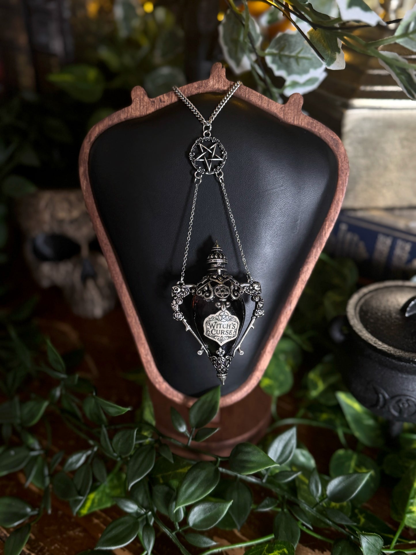Witch's Curse Potion Vial Necklace | Gothic Silver Filigree Vial Pendant