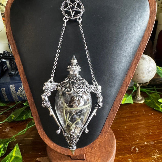 Witch's Protection Spell Jar Vial Necklace | Gothic Silver Filigree Vial Pendant