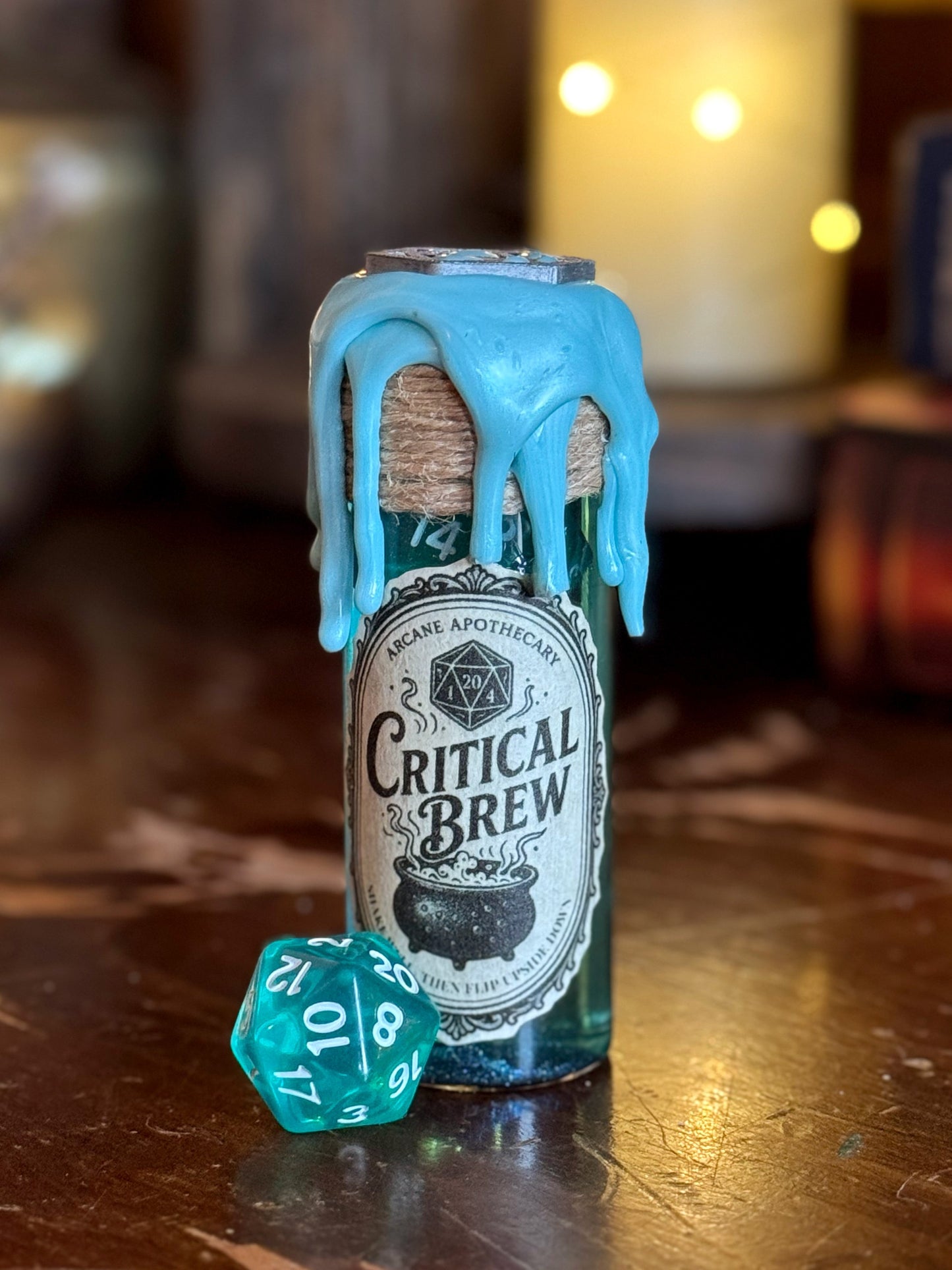 D20 Dice Rolling Potion | Turquoise Critical Brew | Fidget Bottle | D&D TTRPG Prop