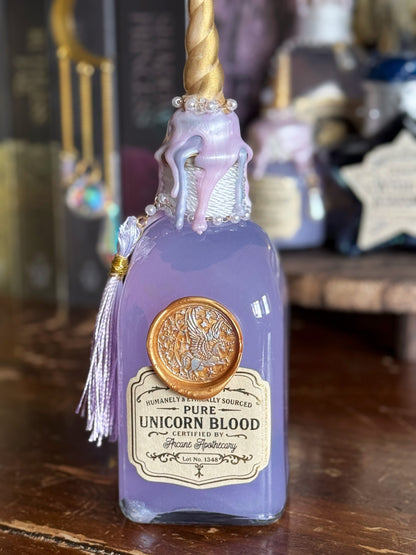 Unicorn Blood Potion Bottle with Horn | Collector Apothecary Display & Fantasy Bookshelf Decor