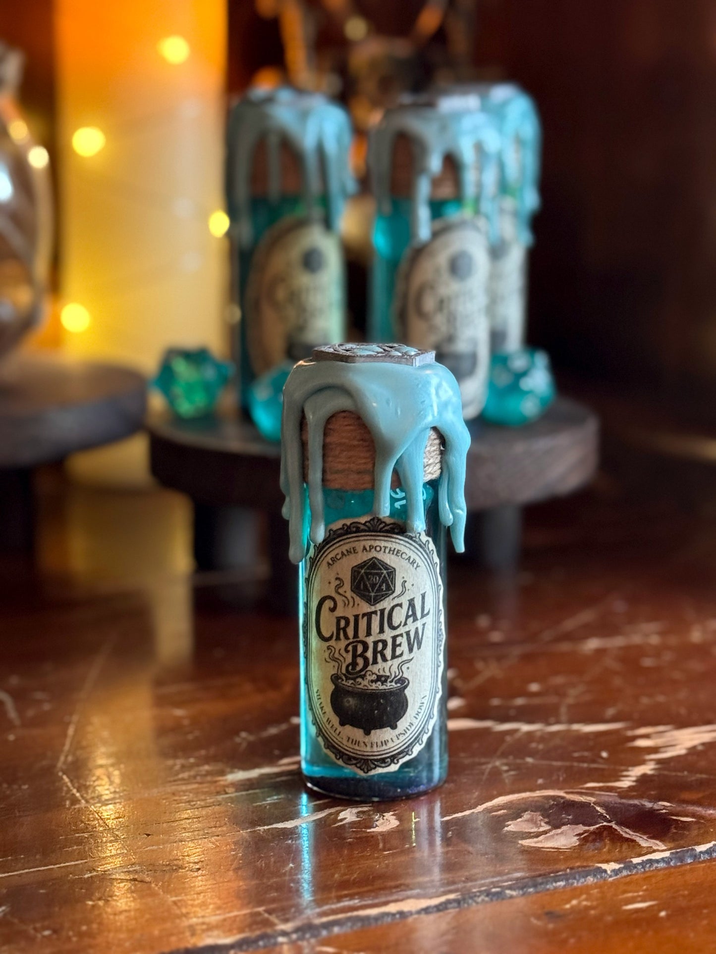 D20 Dice Rolling Potion | Turquoise Critical Brew | Fidget Bottle | D&D TTRPG Prop