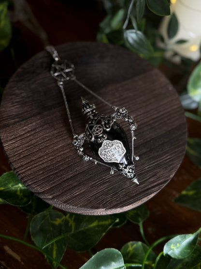 Witch's Curse Potion Vial Necklace | Gothic Silver Filigree Vial Pendant