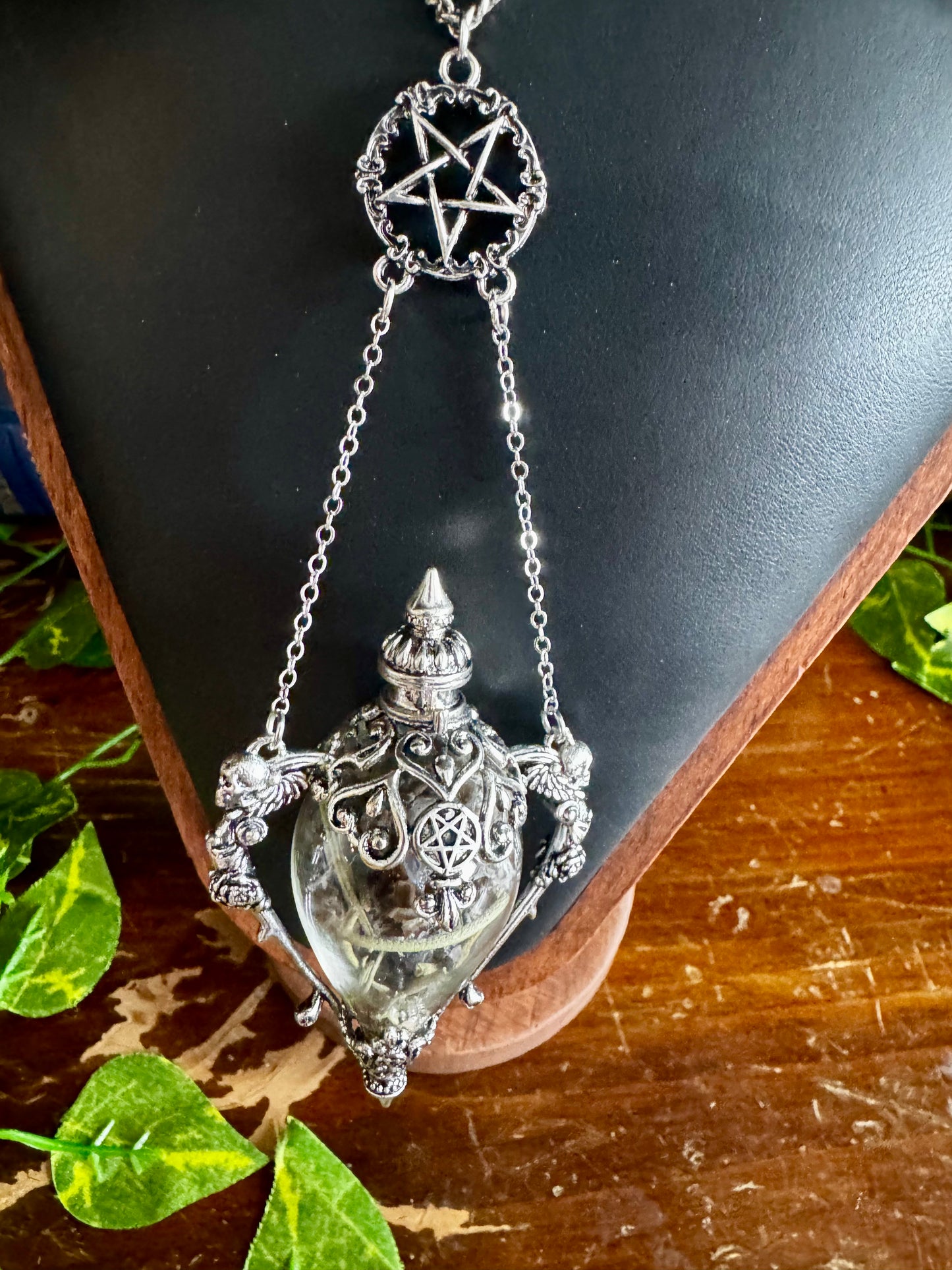 Witch's Protection Spell Jar Vial Necklace | Gothic Silver Filigree Vial Pendant