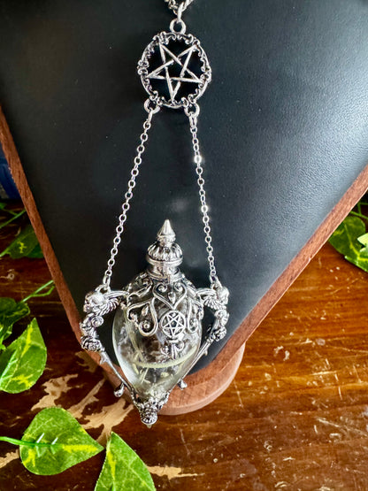 Witch's Protection Spell Jar Vial Necklace | Gothic Silver Filigree Vial Pendant