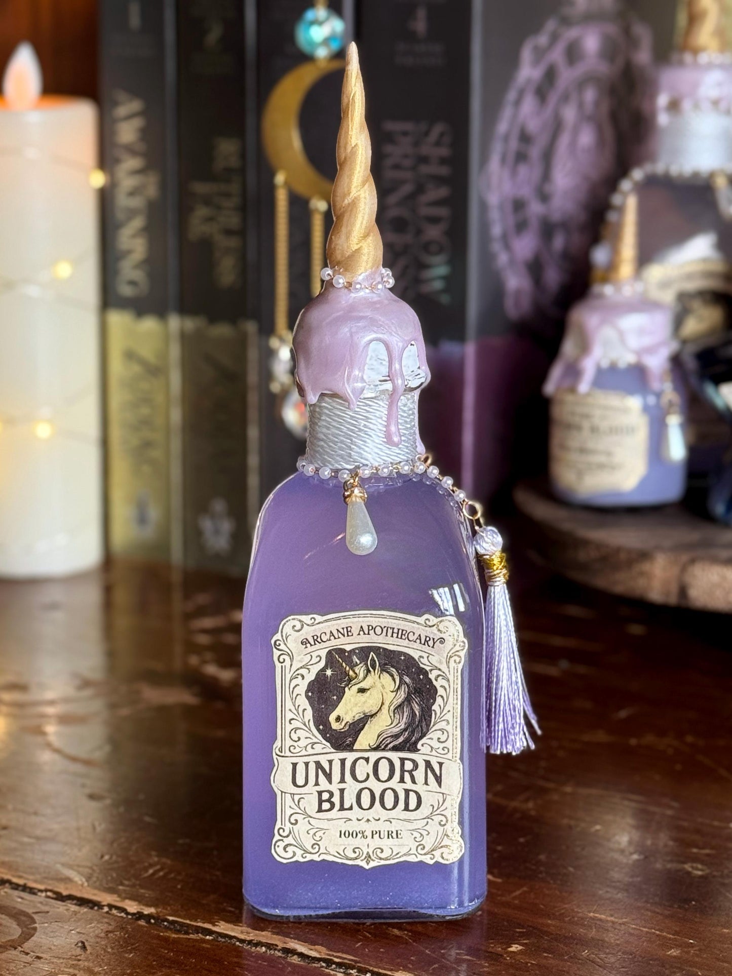 Unicorn Blood Potion Bottle with Horn | Collector Apothecary Display & Fantasy Bookshelf Decor