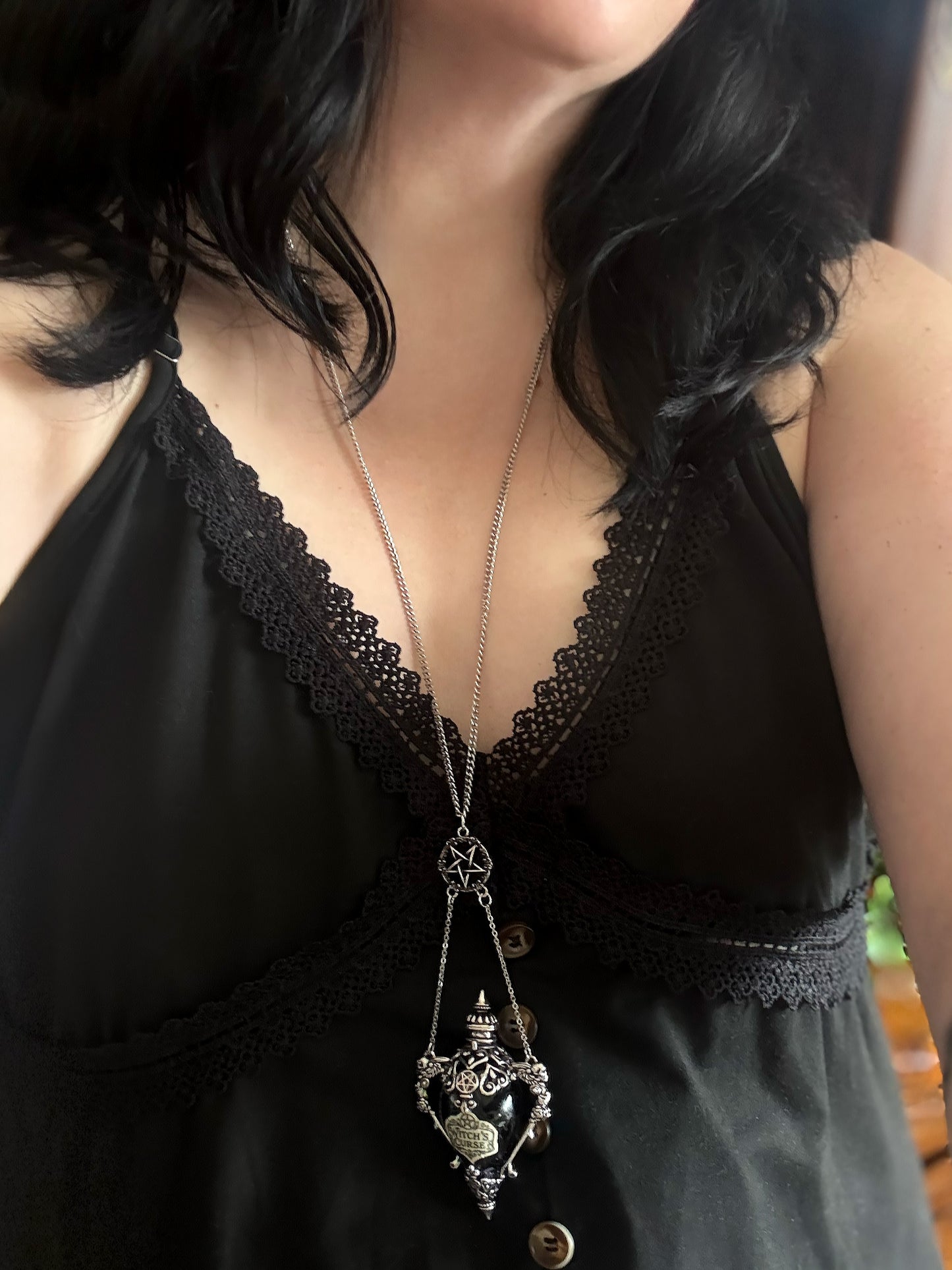 Witch's Protection Spell Jar Vial Necklace | Gothic Silver Filigree Vial Pendant