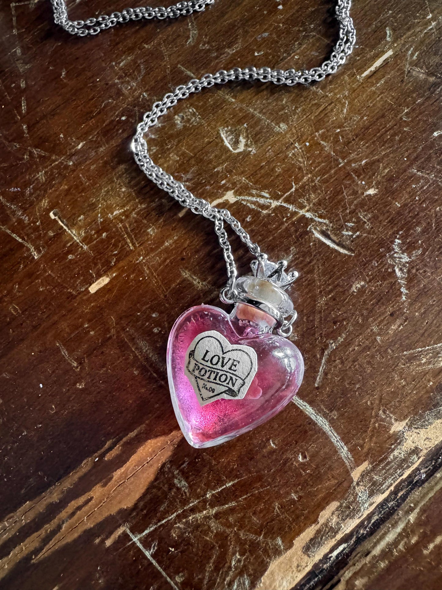 Love Potion Pendant | Mini Wearable Magenta Heart Vial | Dainty Amortentia Necklace