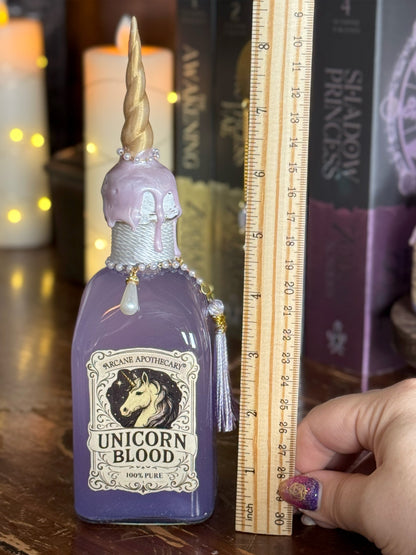 Unicorn Blood Potion Bottle with Horn | Collector Apothecary Display & Fantasy Bookshelf Decor