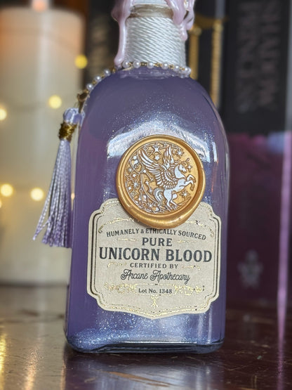 Unicorn Blood Potion Bottle with Horn | Collector Apothecary Display & Fantasy Bookshelf Decor