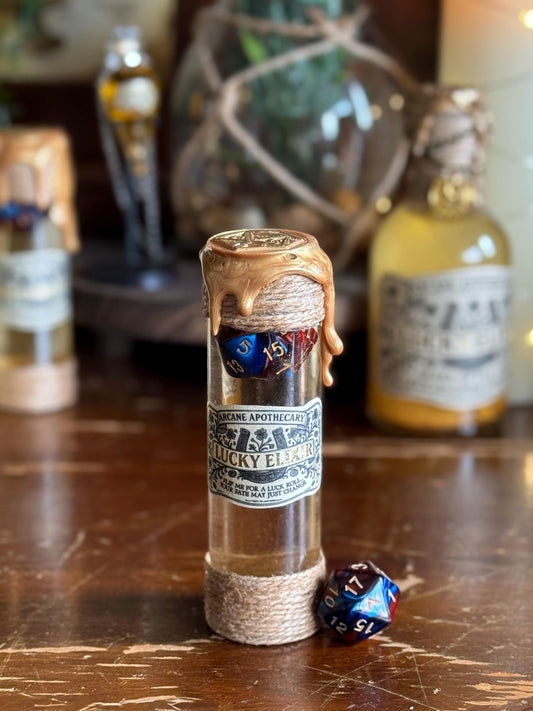 D20 Dice Rolling Potion | Golden Lucky Elixir | D&D TTRPG Prop
