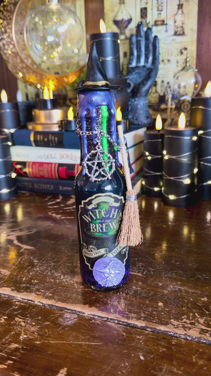 Witch's Brew Protection Potion | Black Tourmaline & Obsidian | Witchcraft Altar Decor | Gothic Apothecary Bottle | Witchy Gift