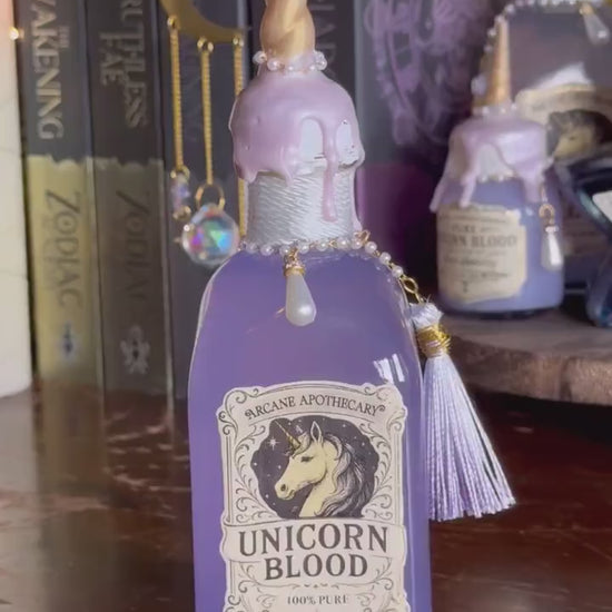 Unicorn Blood Potion Bottle with Horn | Collector Apothecary Display & Fantasy Bookshelf Decor