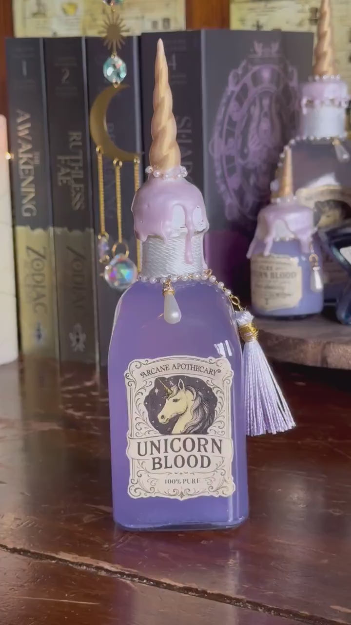 Unicorn Blood Potion Bottle with Horn | Collector Apothecary Display & Fantasy Bookshelf Decor
